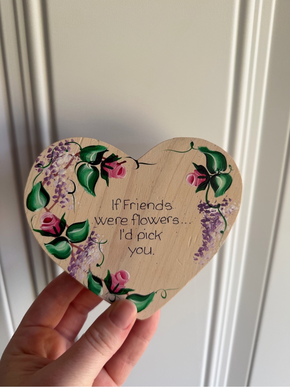 Vintage Hand-Painted Pink & Green Heart Plaque - Friendship Sentiment